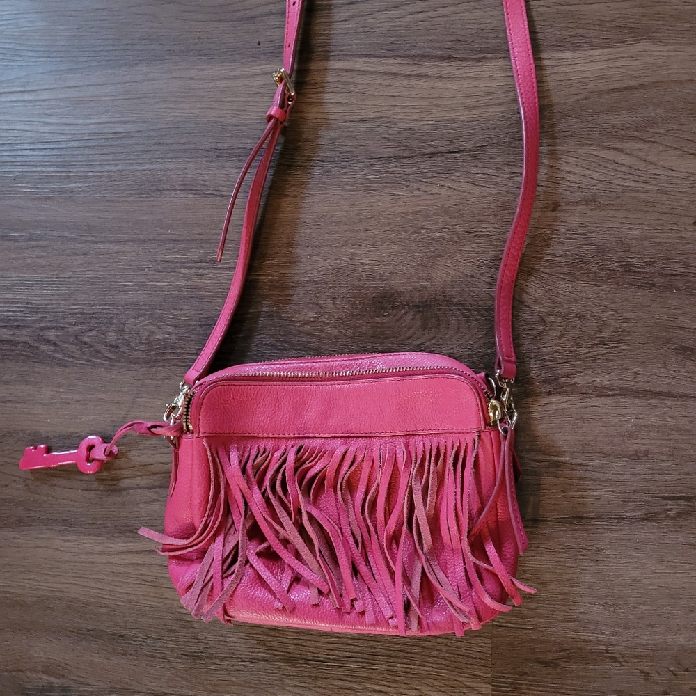 Pink Fossil Fringe Crossbody Bag